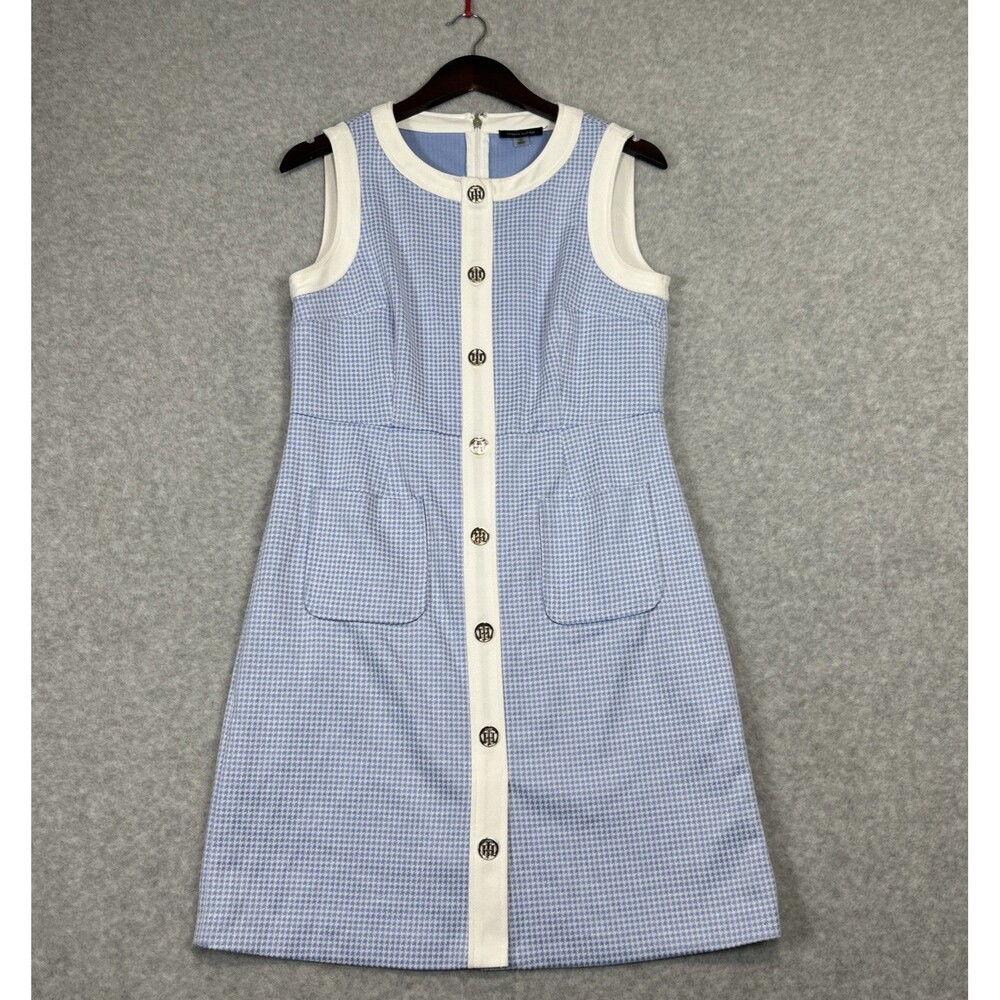 Tommy Hilfiger Women’s Size 10 Blue White Houndstooth Shift Sleeveless Pockets
